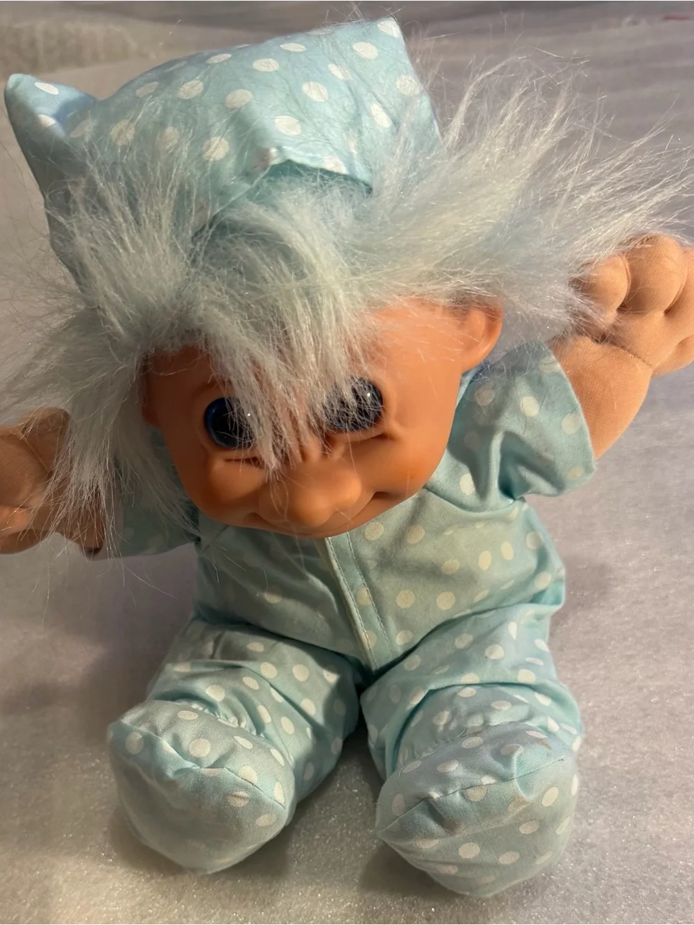 Plush Baby Doll in Light Blue Polka Dot Pajamas